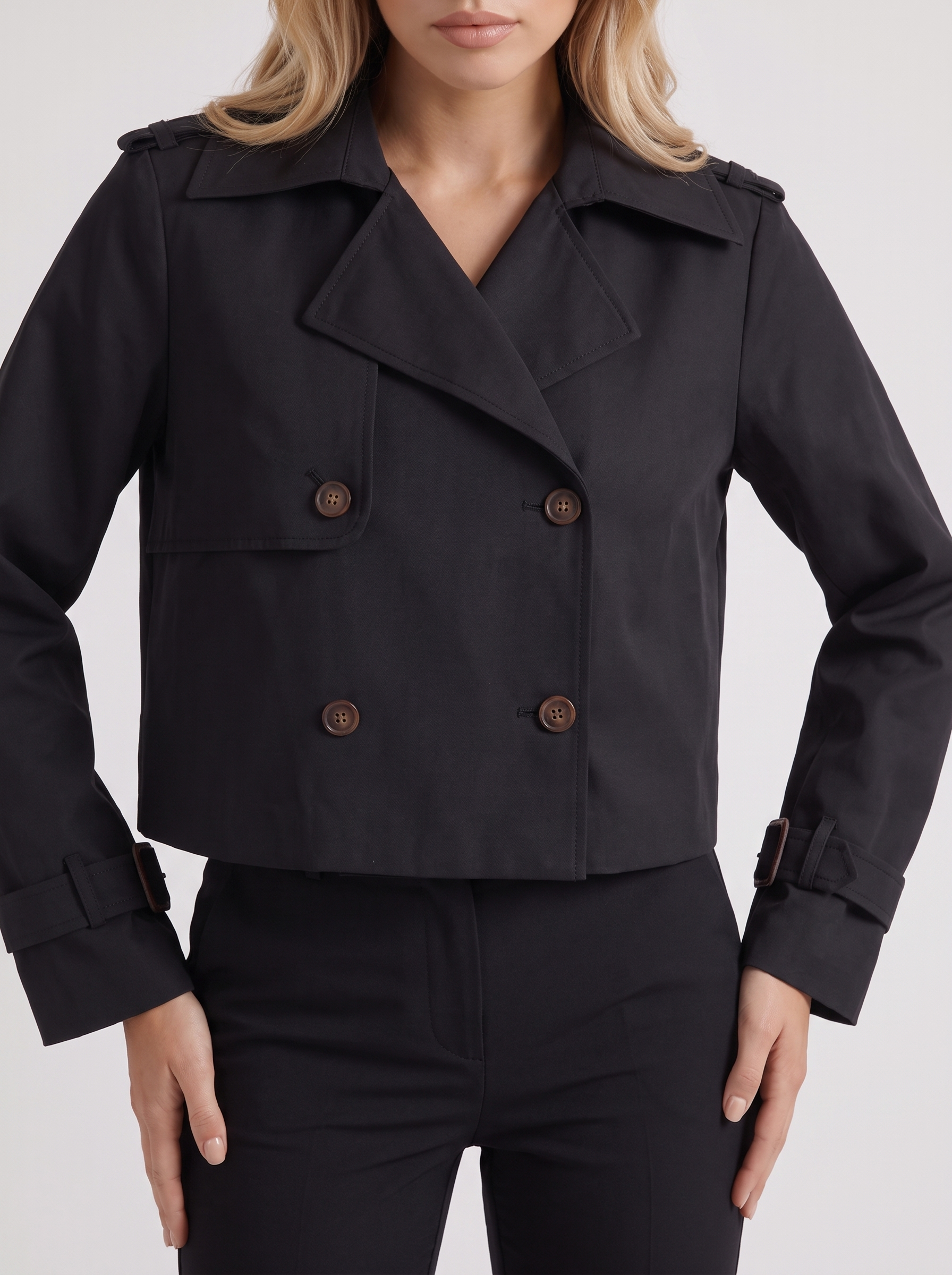 Women's black short trench with notch lapel and turn back cuffs