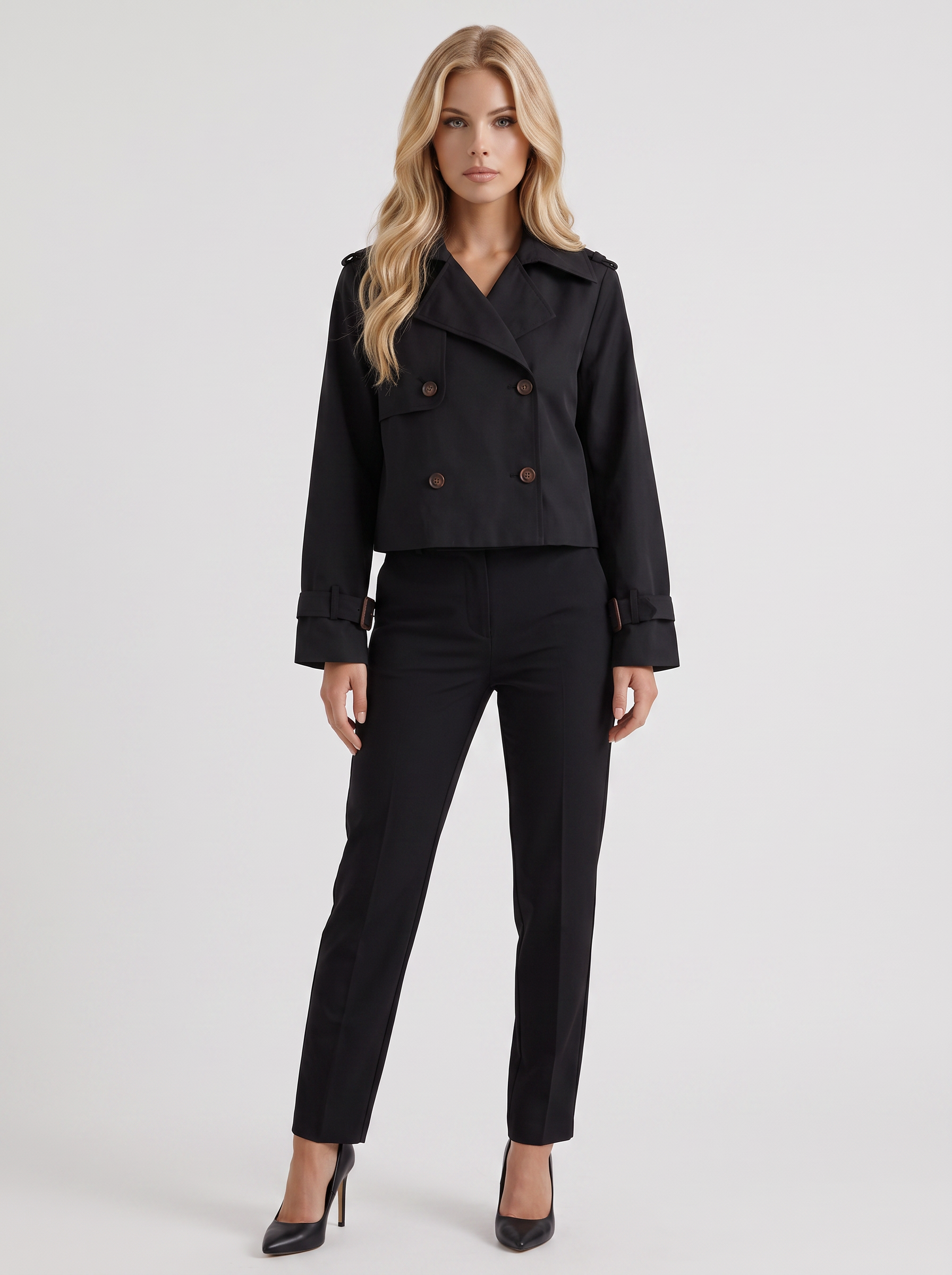 Women's black short trench with notch lapel and turn back cuffs