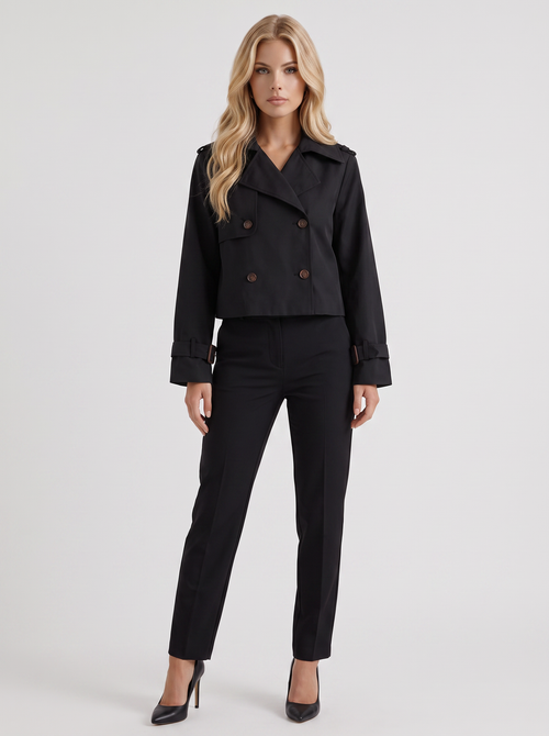 Women's black short trench with notch lapel and turn back cuffs