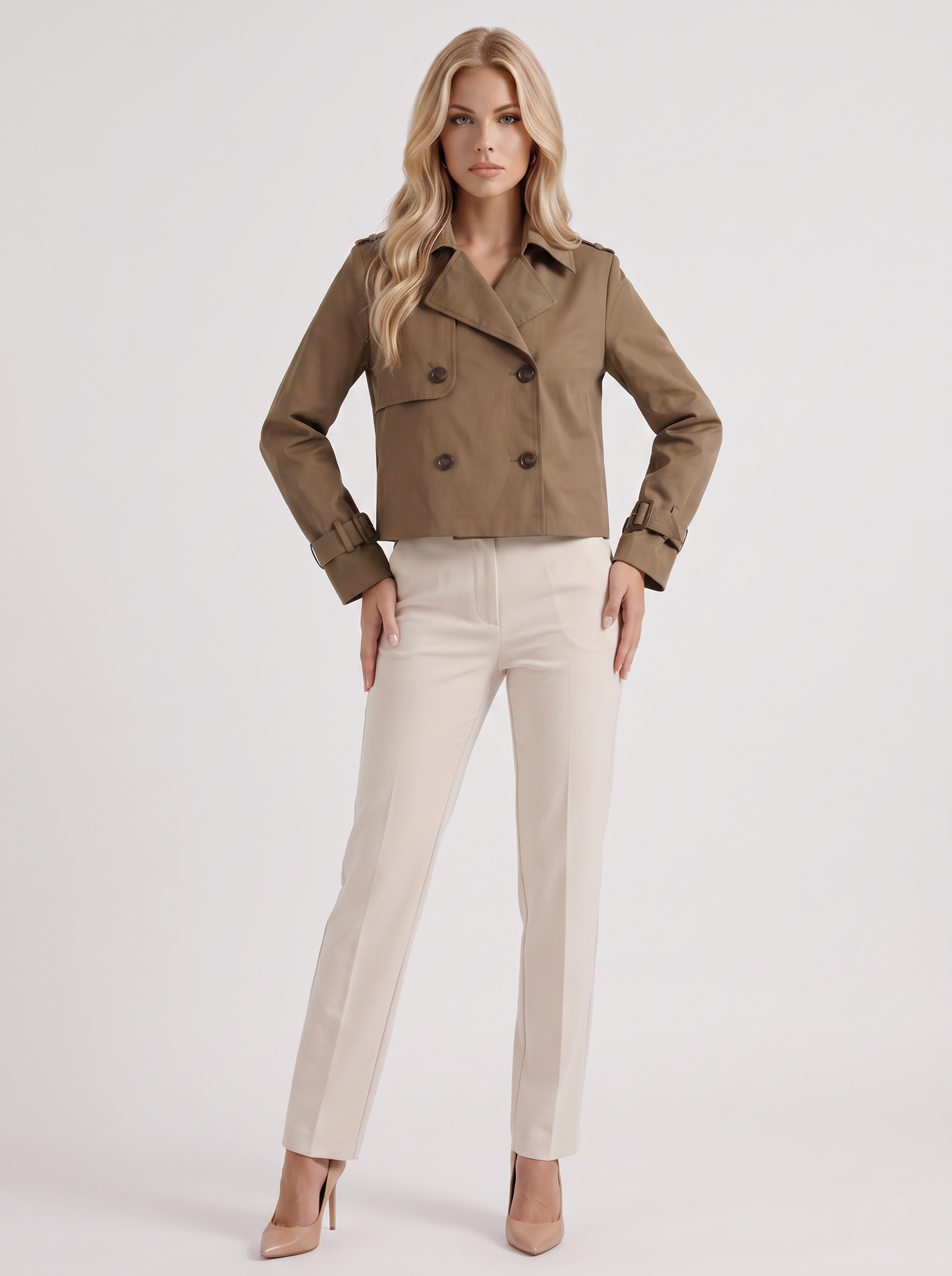 Women's brown short trench with notch lapel and turn back cuffs