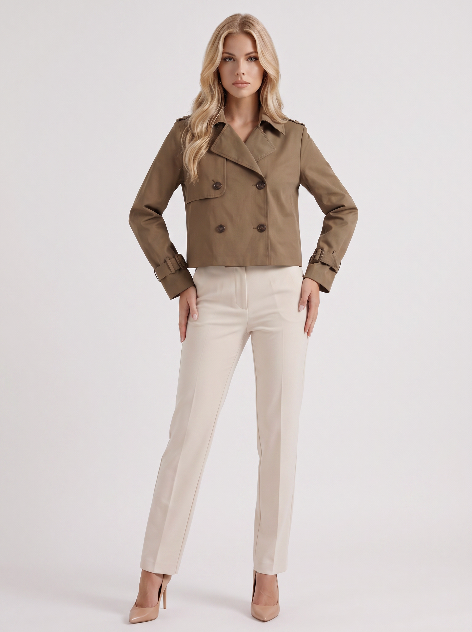 Women's brown short trench with notch lapel and turn back cuffs