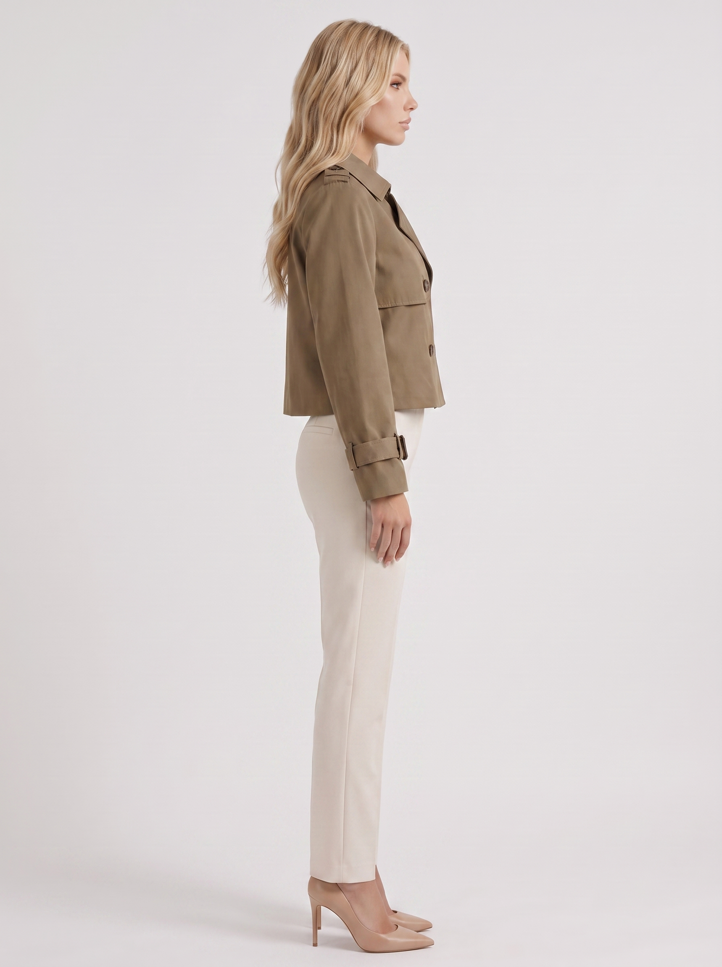 Women's brown short trench with notch lapel and turn back cuffs