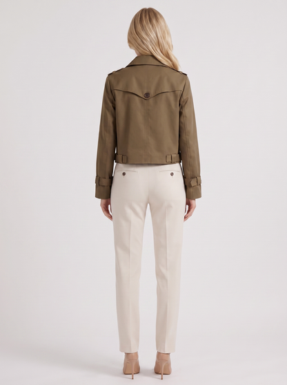 Women's brown short trench with notch lapel and turn back cuffs