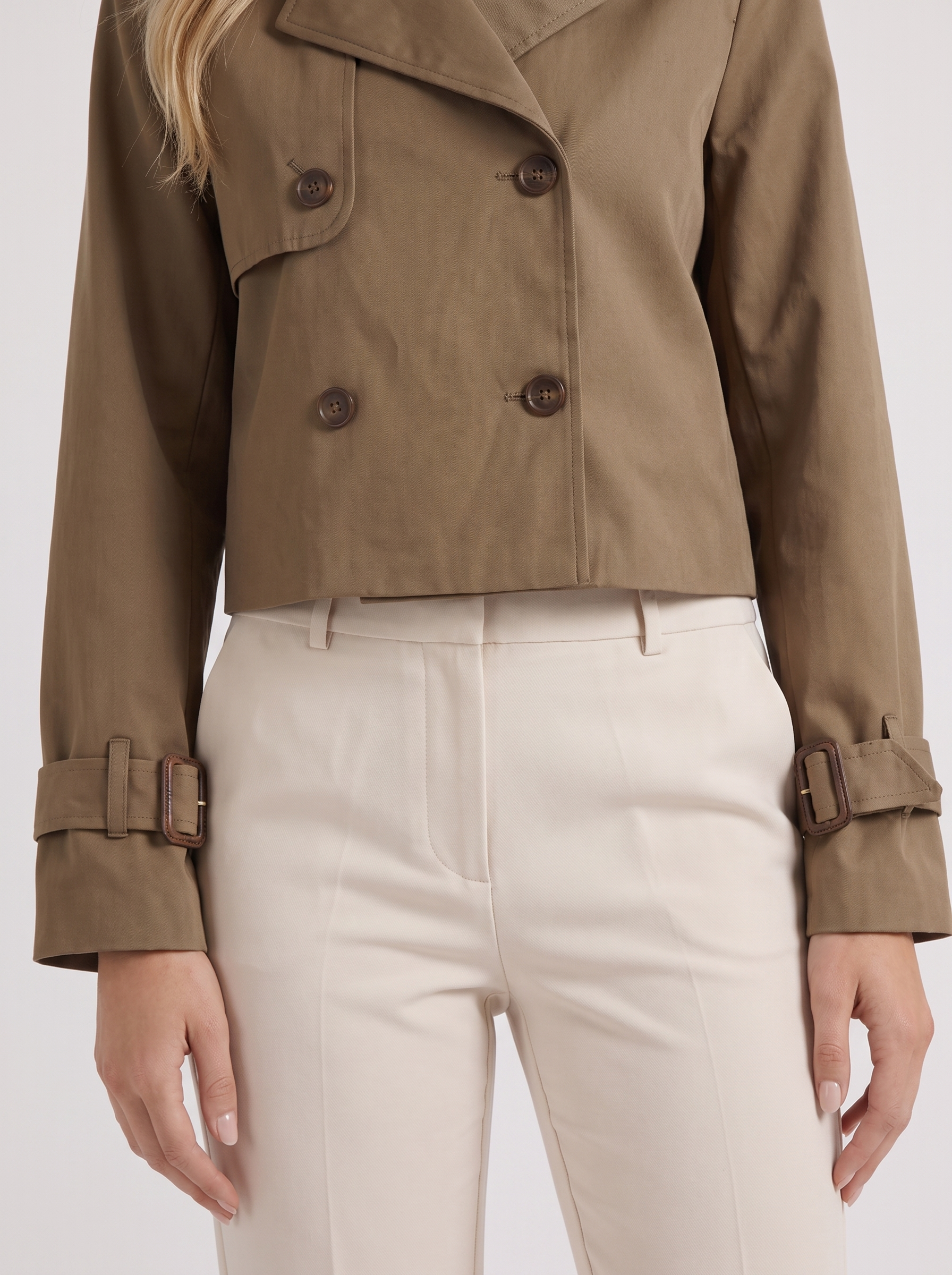 Women's brown short trench with notch lapel and turn back cuffs