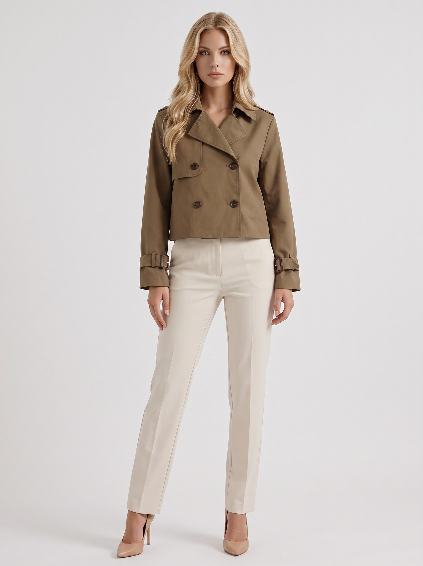 Women's brown short trench with notch lapel and turn back cuffs