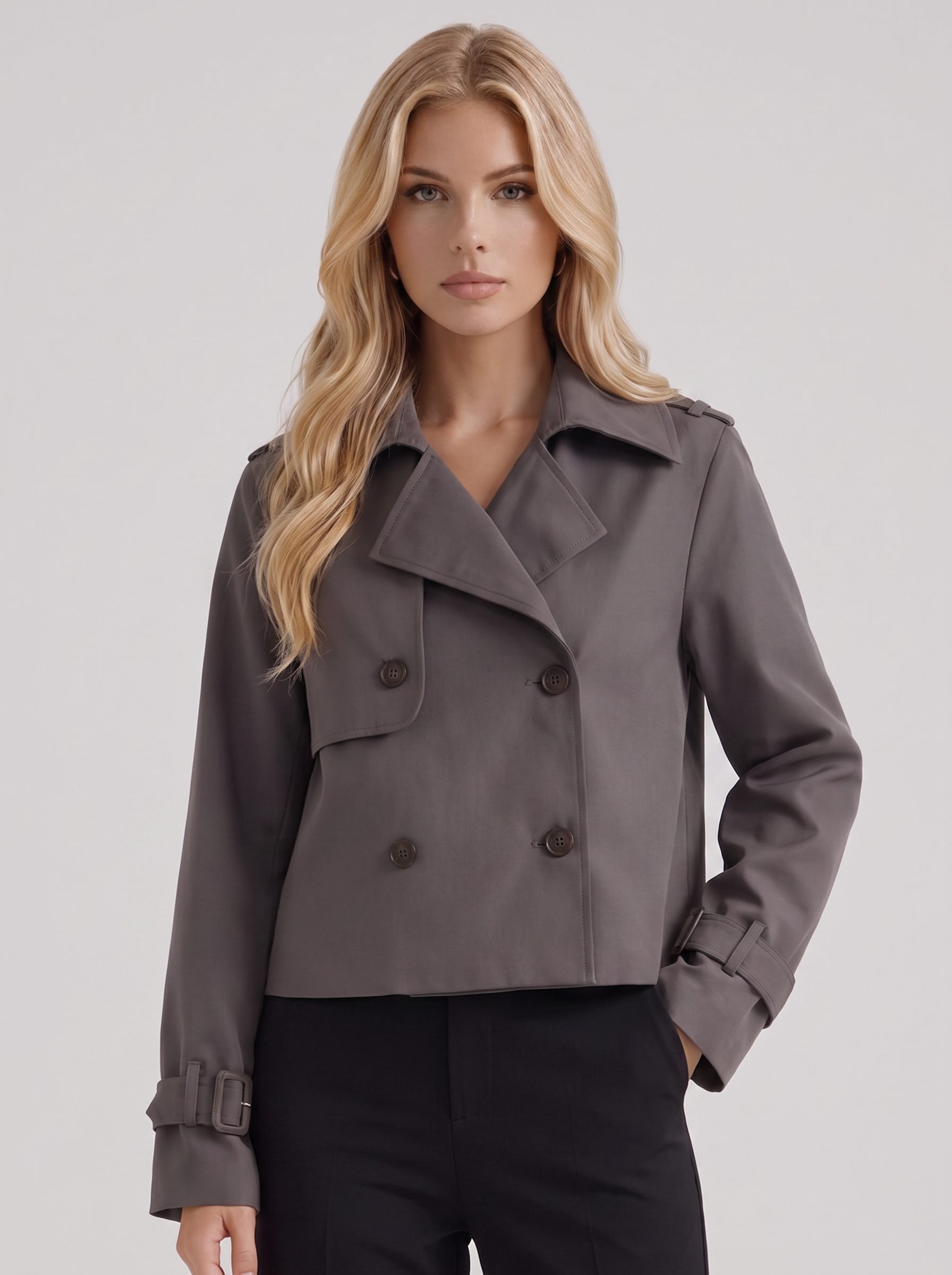 Women's gray short trench with notch lapel and turn back cuffs