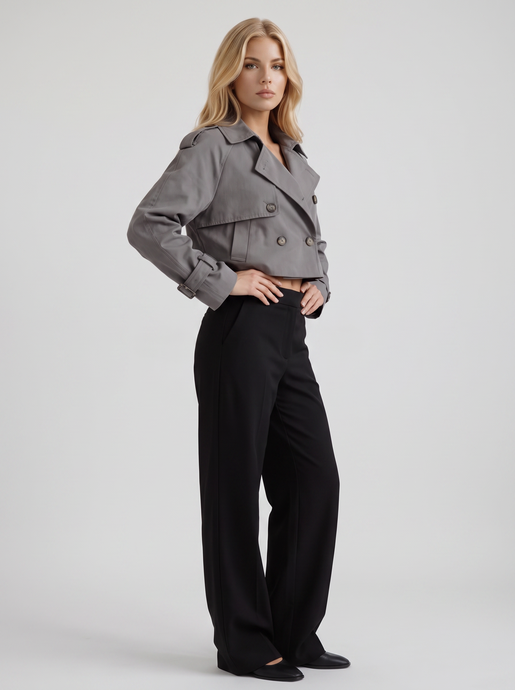 Women's gray short trench with notch lapel and turn back cuffs
