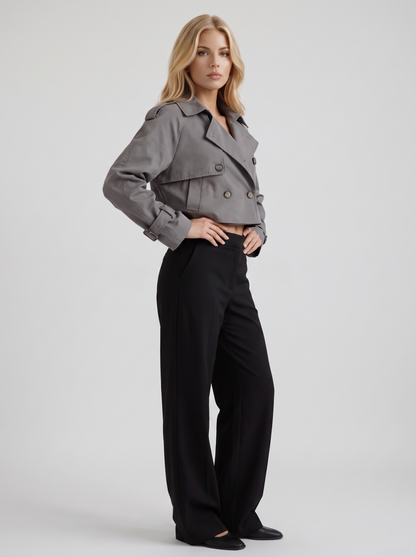 Women's gray short trench with notch lapel and turn back cuffs