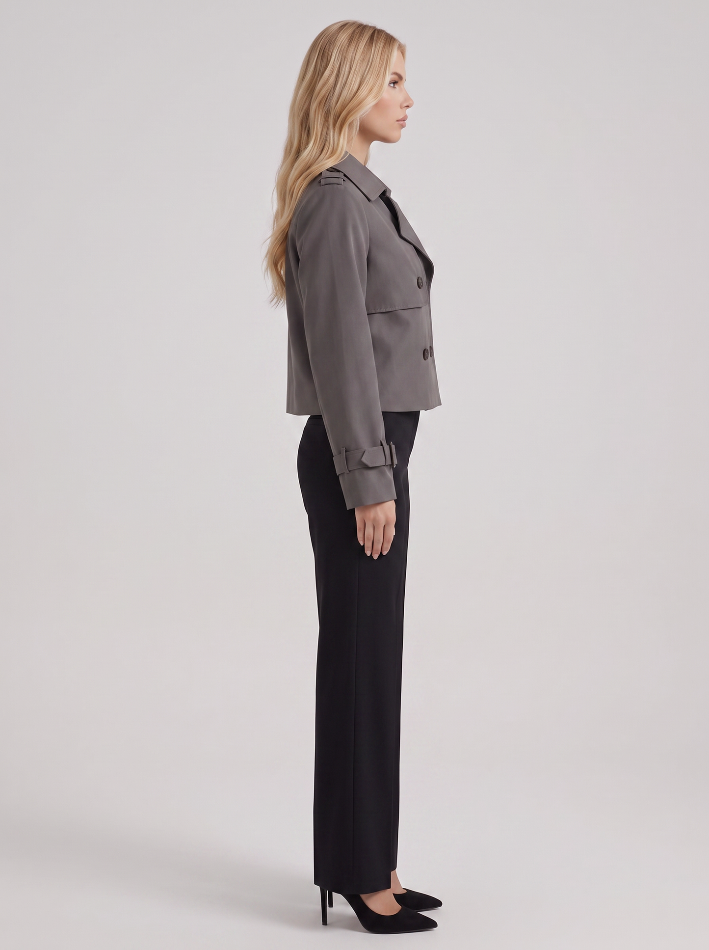 Women's gray short trench with notch lapel and turn back cuffs