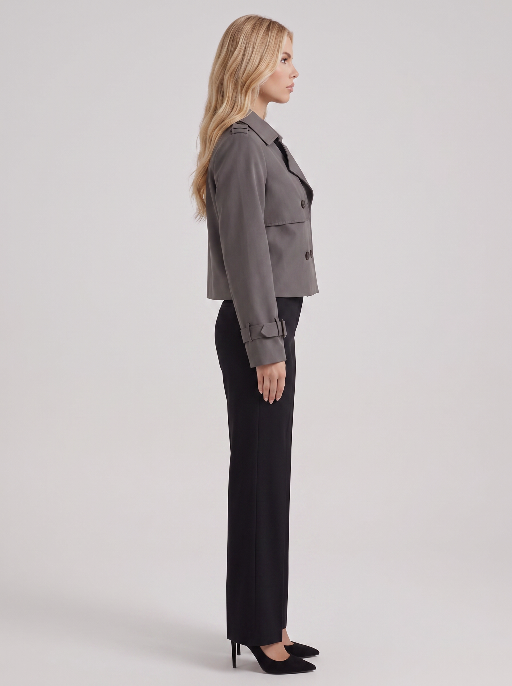 Women's gray short trench with notch lapel and turn back cuffs