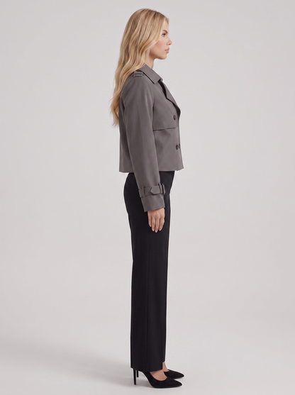 Women's gray short trench with notch lapel and turn back cuffs
