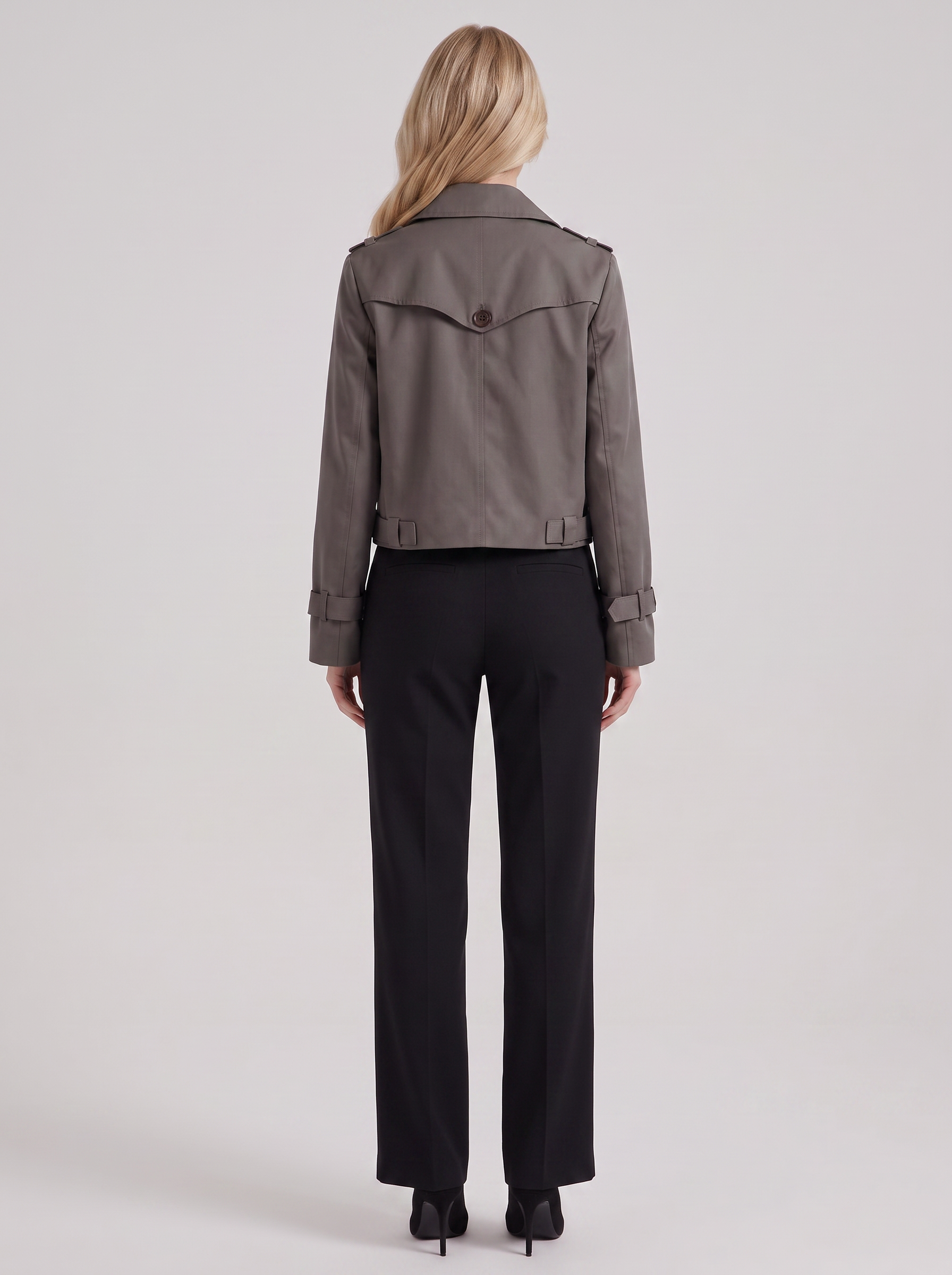 Women's gray short trench with notch lapel and turn back cuffs