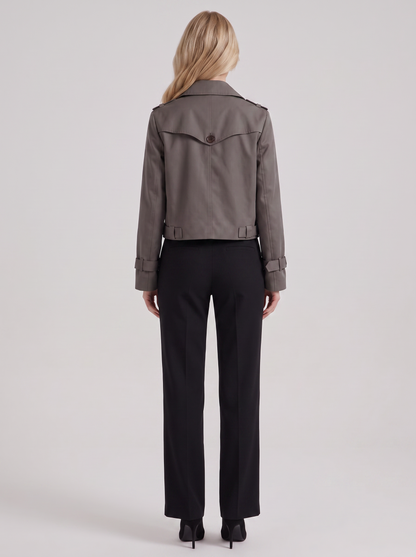 Women's gray short trench with notch lapel and turn back cuffs