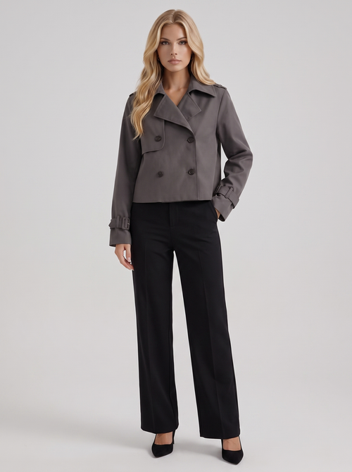 Women's gray short trench with notch lapel and turn back cuffs