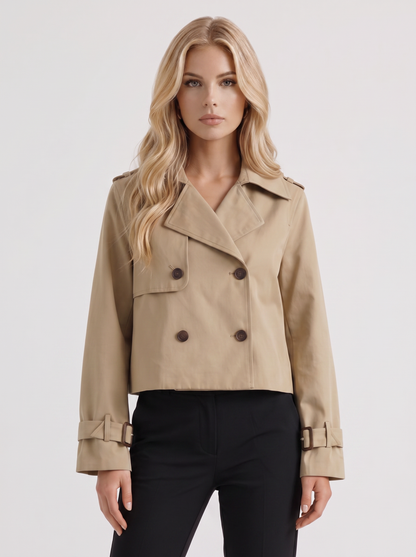 Women's khaki short trench with notch lapel and turn back cuffs
