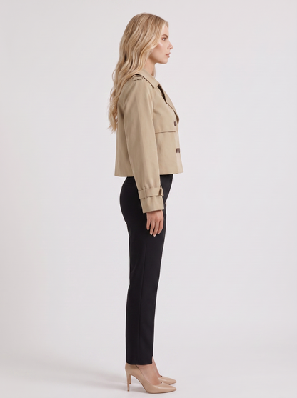Women's khaki short trench with notch lapel and turn back cuffs