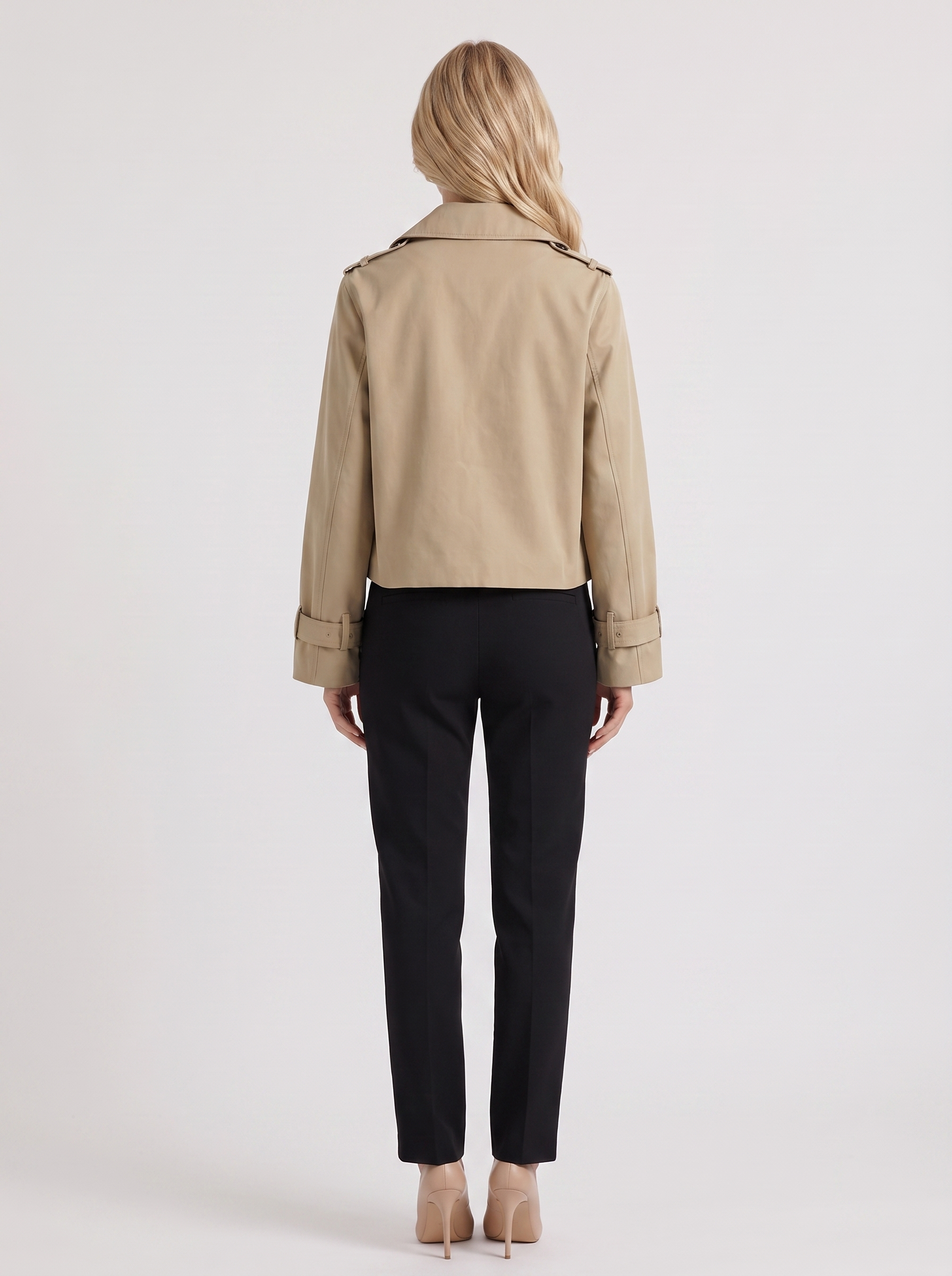 Women's khaki short trench with notch lapel and turn back cuffs