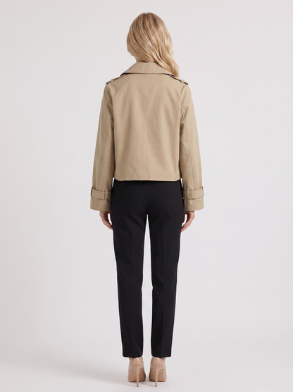 Women's khaki short trench with notch lapel and turn back cuffs