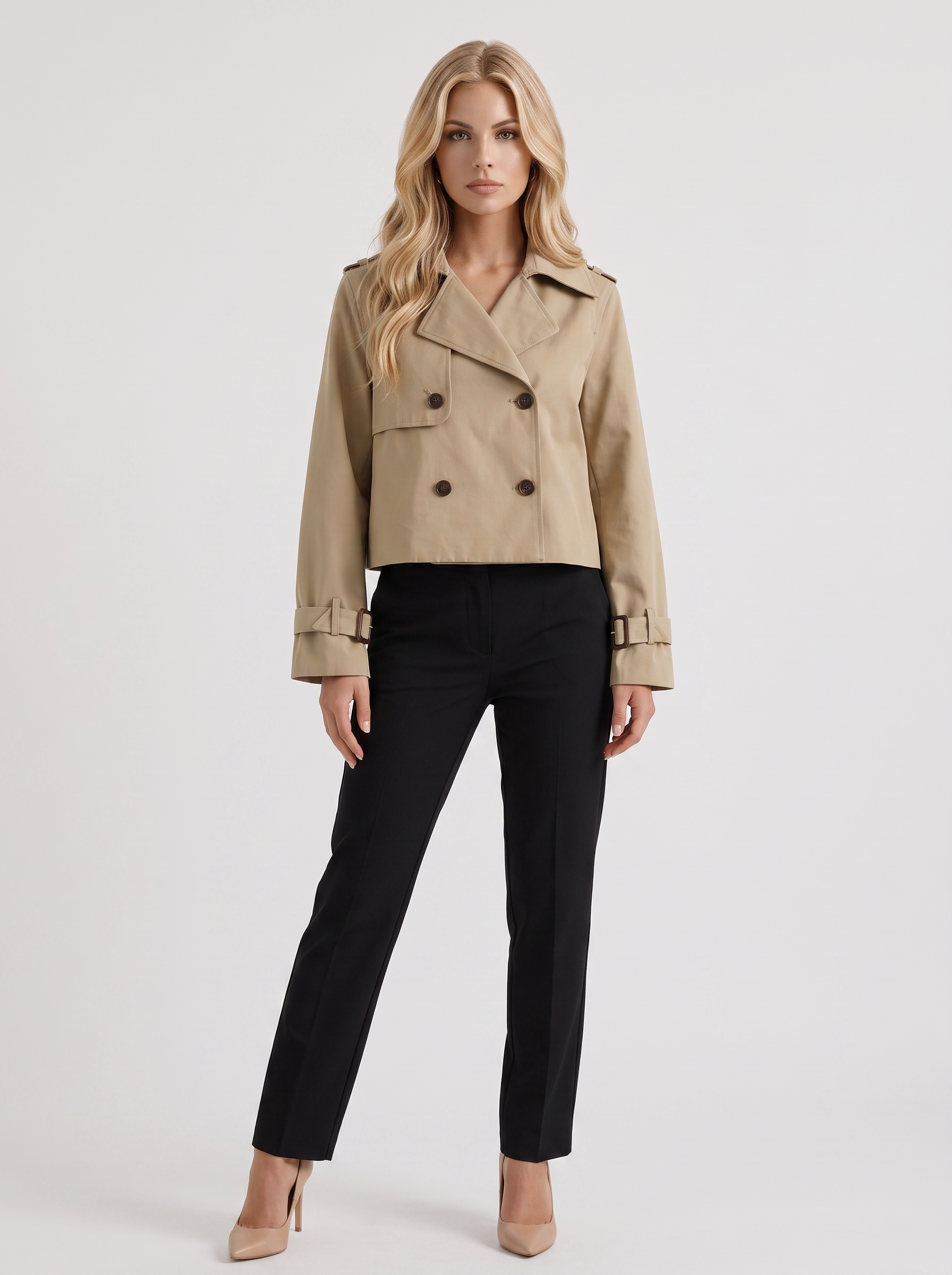 Women's khaki short trench with notch lapel and turn back cuffs