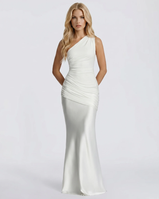 Women white one shoulder draped maxi dress with asymmetric neckline and column silhouette, front view