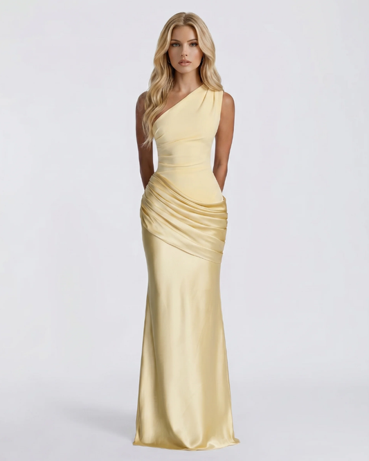 Women yellow one shoulder draped maxi dress with asymmetric neckline and column silhouette, front view
