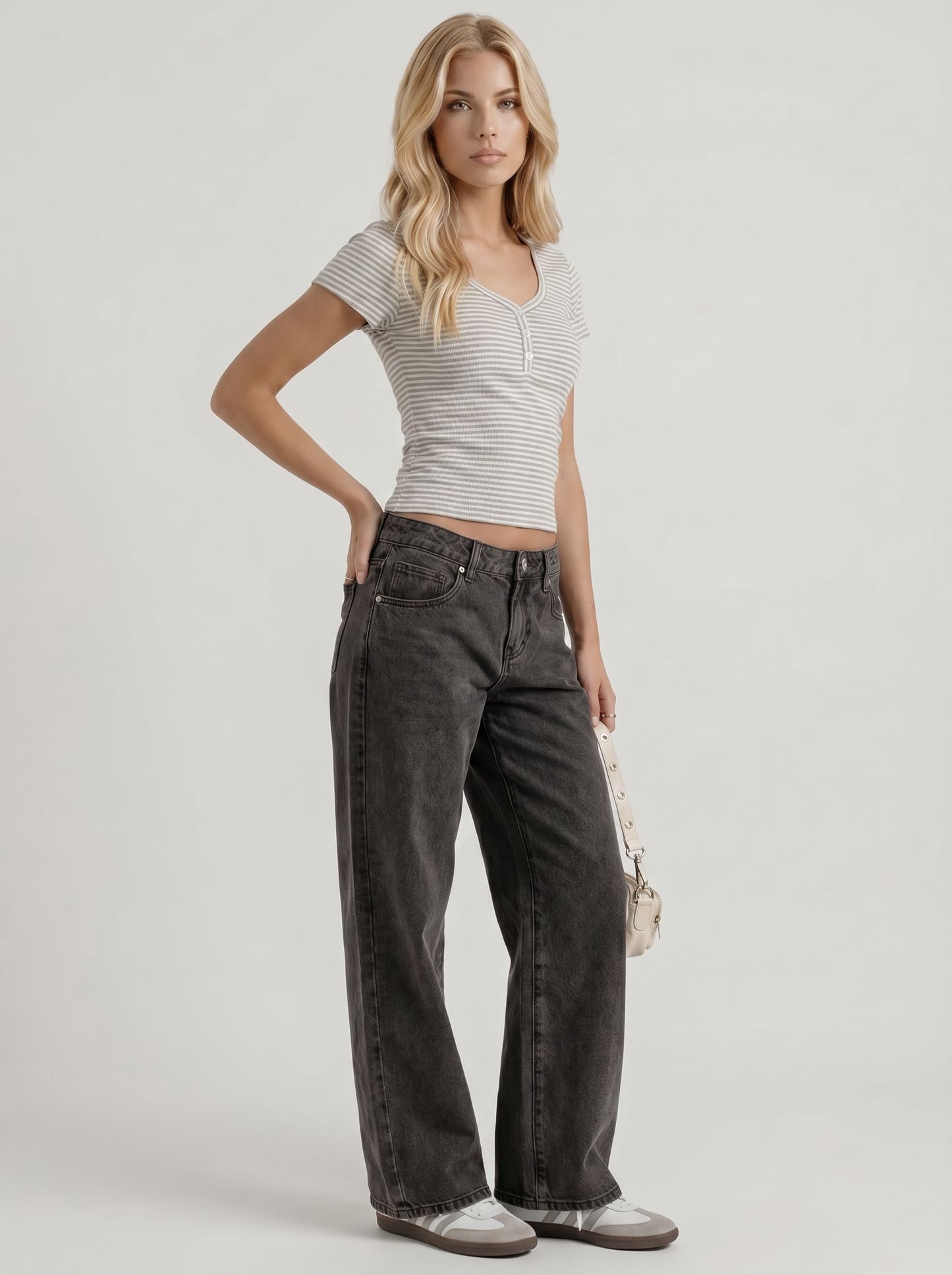 Women black washed low rise wide leg jeans, 45 angle view