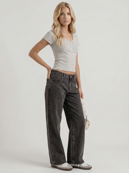 Women black washed low rise wide leg jeans, 45 angle view