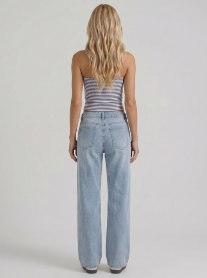 Women blue denim low rise wide leg jeans, back view