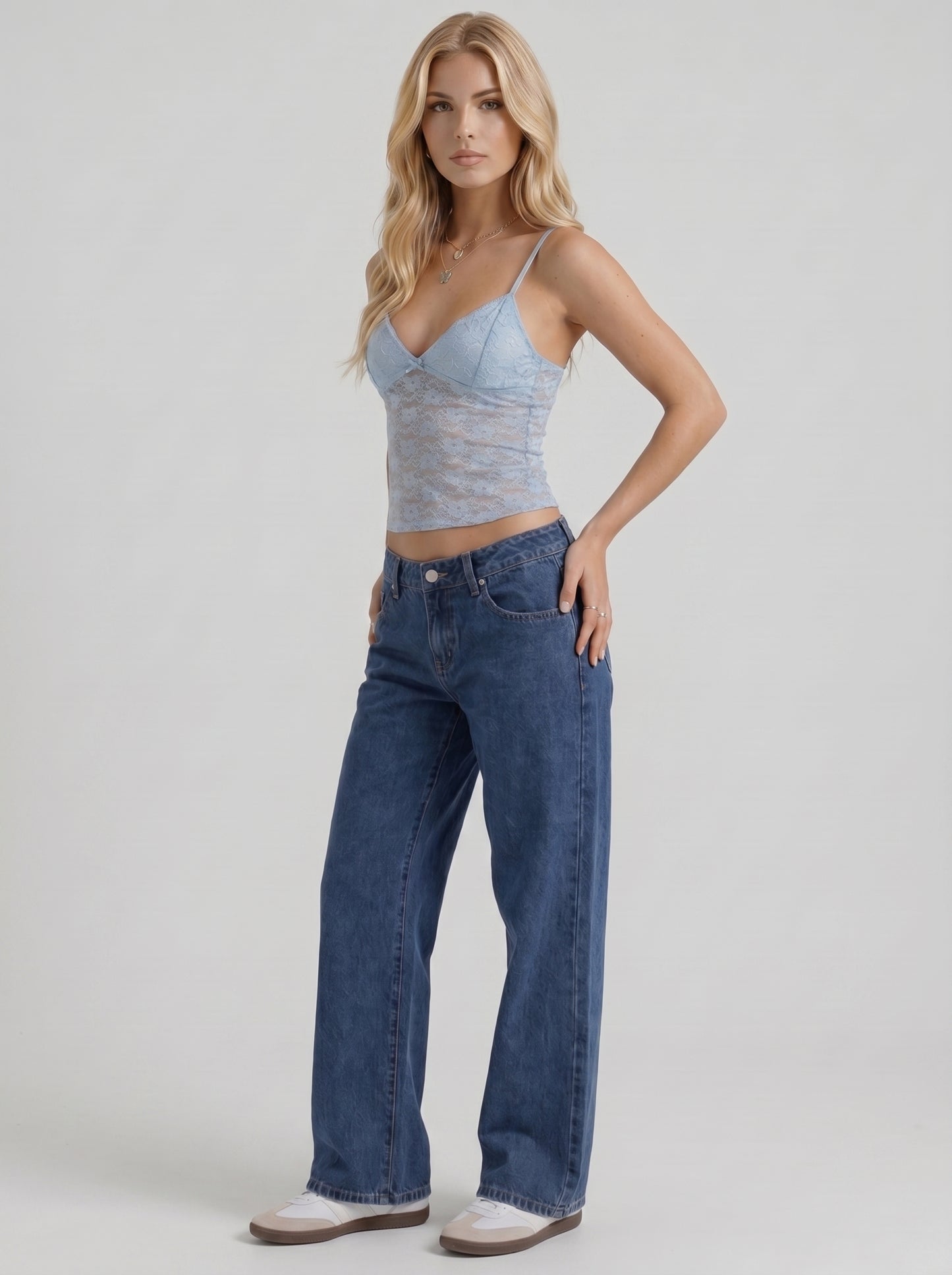 Women blue washed low rise wide leg jeans, 45 angle view