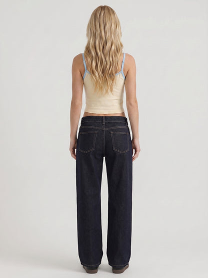 Women indigo blue washed low rise wide leg jeans, back view