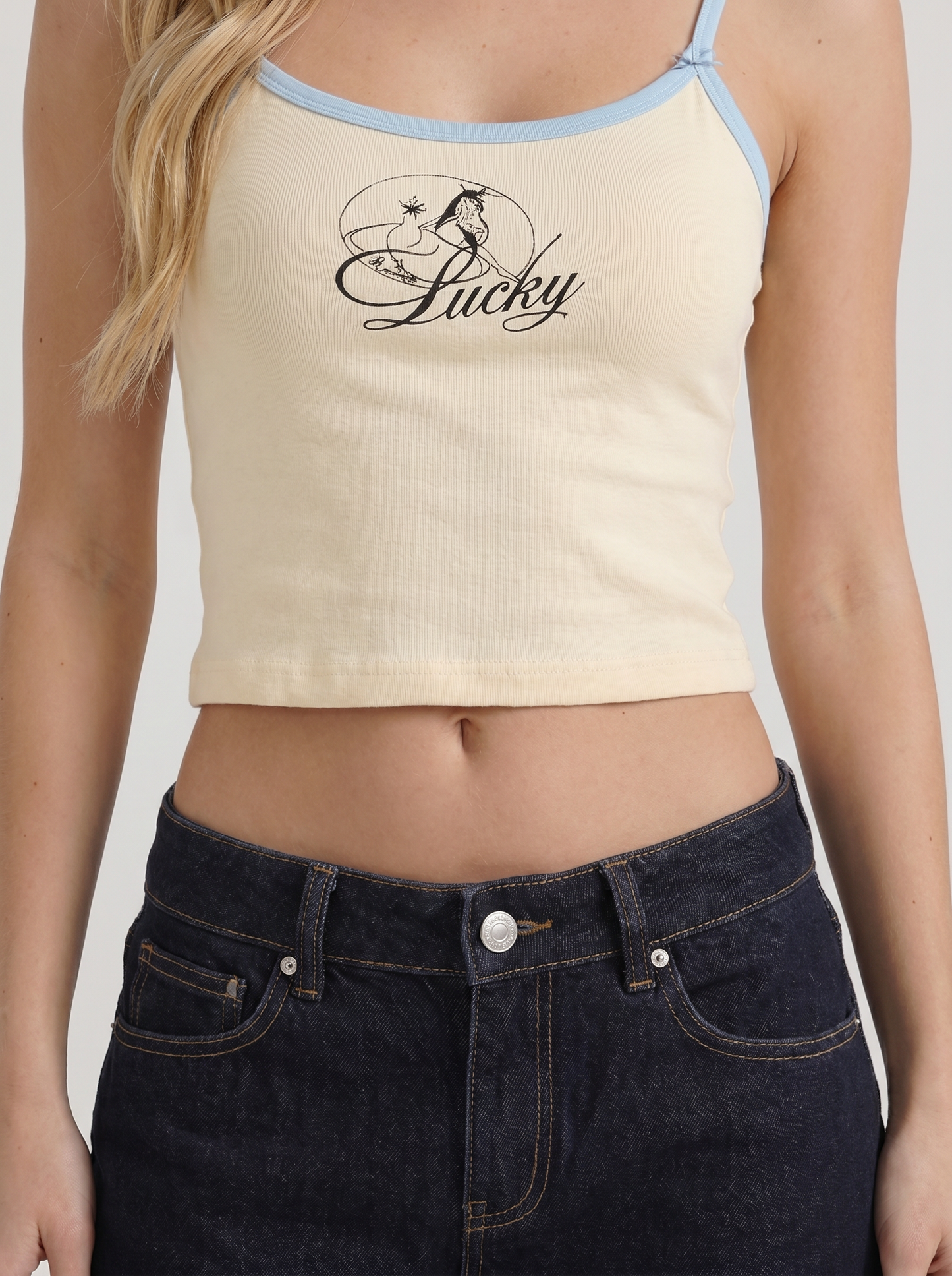 Women indigo blue washed low rise wide leg jeans, detail view