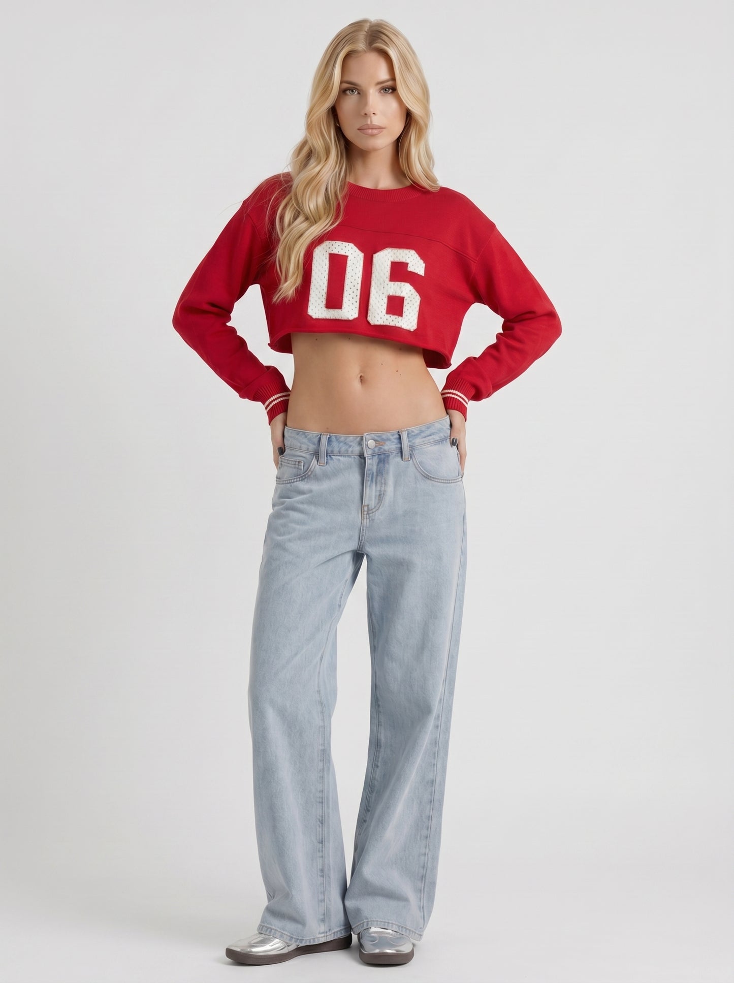 Women light blue with red stitch low rise wide leg jeans, 45 angle view