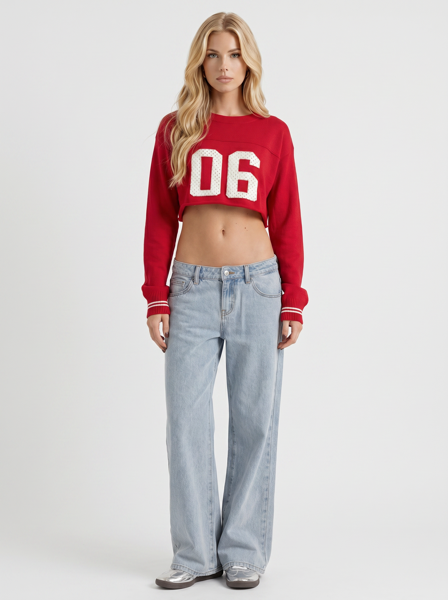 Women light blue with red stitch low rise wide leg jeans, front view