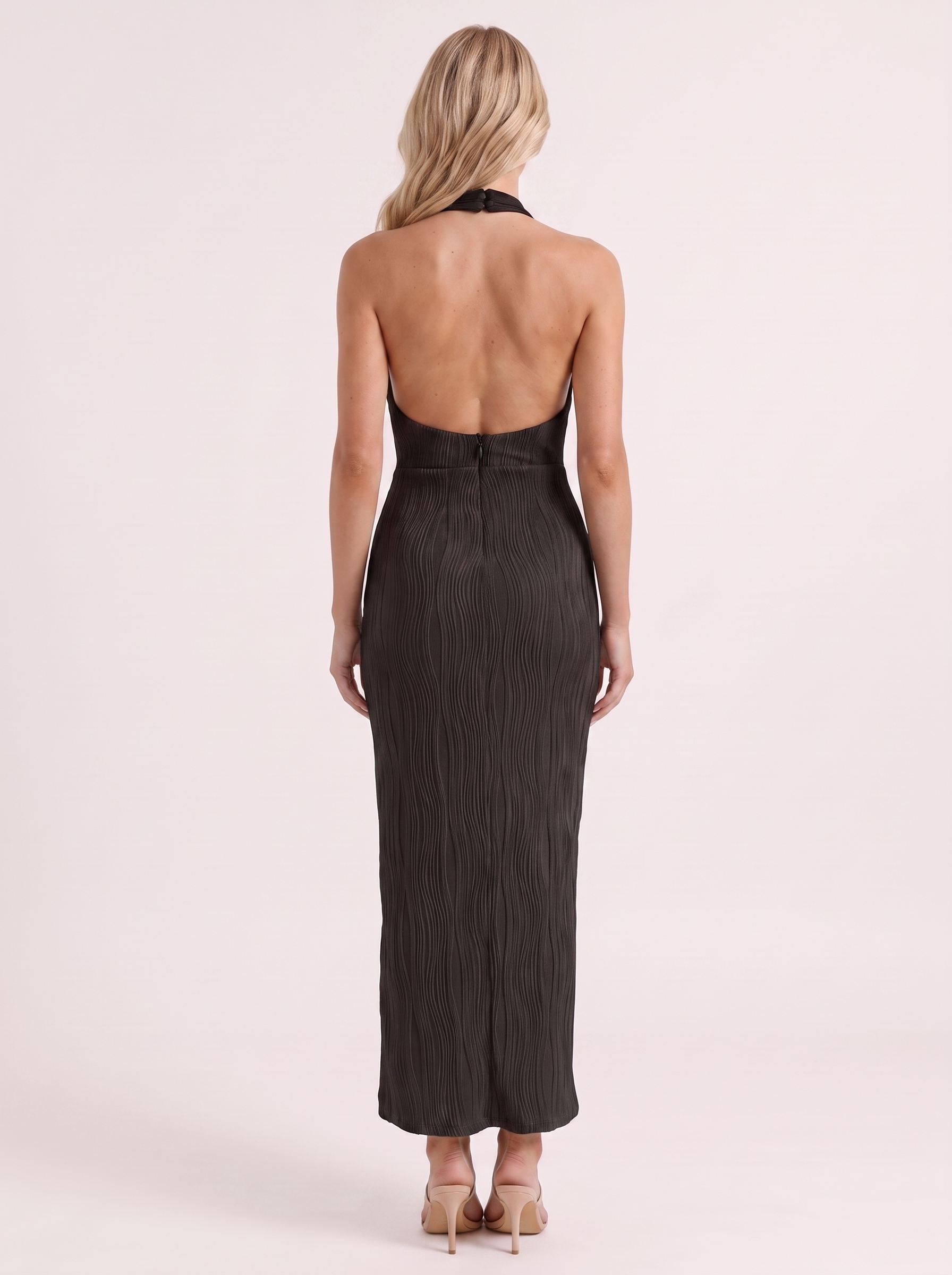 Women black maxi dress with high mock neck and pleated fabric