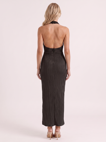 Women black maxi dress with high mock neck and pleated fabric