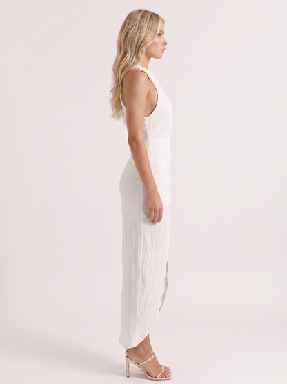 Women white maxi dress with high mock neck and pleated fabric