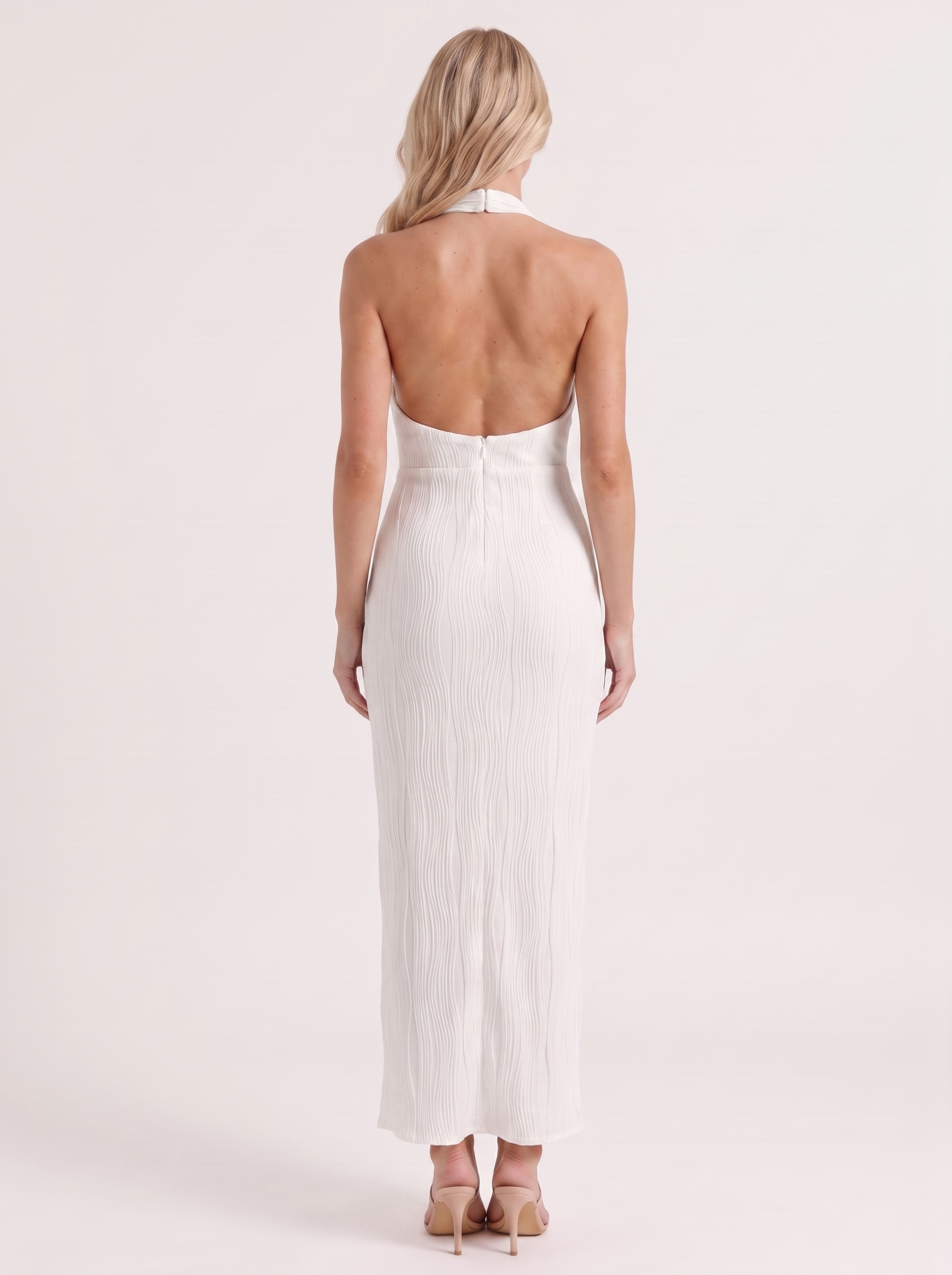 Women white maxi dress with high mock neck and pleated fabric