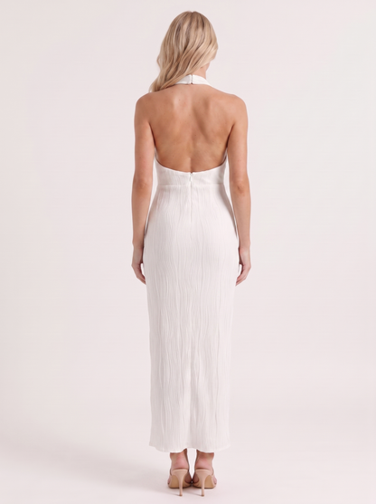 Women white maxi dress with high mock neck and pleated fabric