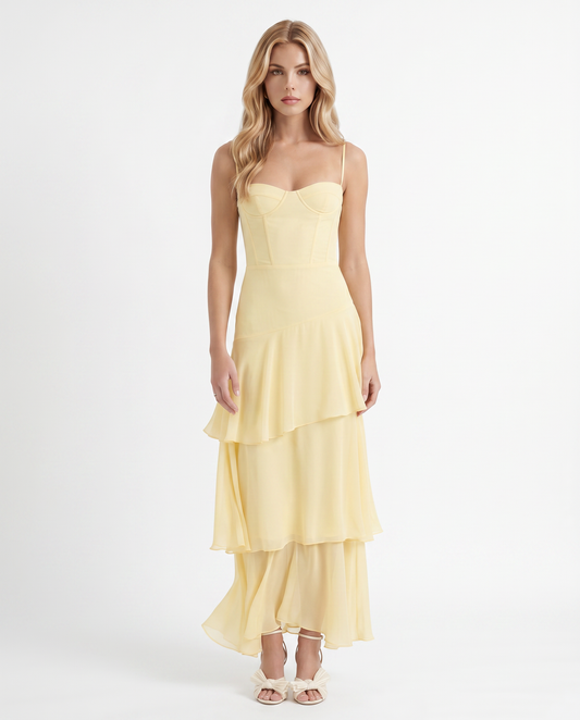 Women yellow tiered sweetheart maxi dress with spaghetti straps and three tier skirt, front view