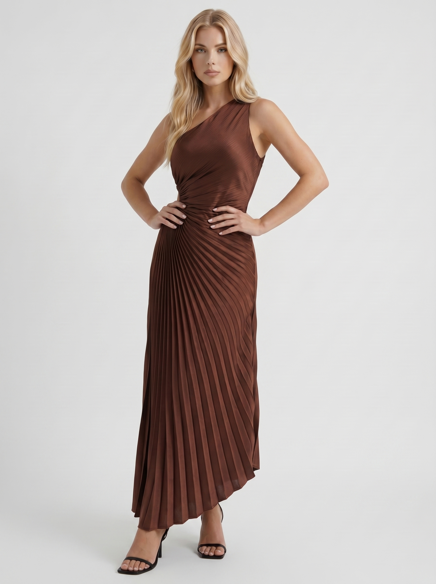 Women chocolate one shoulder pleated satin maxi dress, 45 angle view