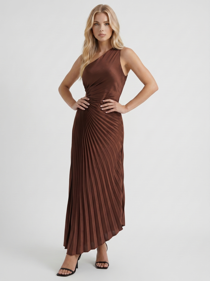Women chocolate one shoulder pleated satin maxi dress, 45 angle view