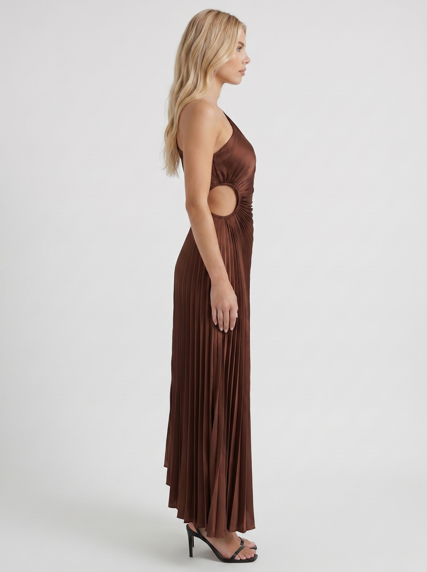 Women chocolate one shoulder pleated satin maxi dress, side profile view