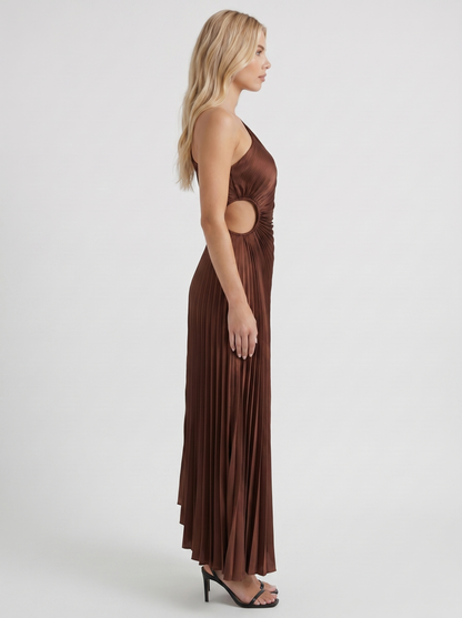 Women chocolate one shoulder pleated satin maxi dress, side profile view