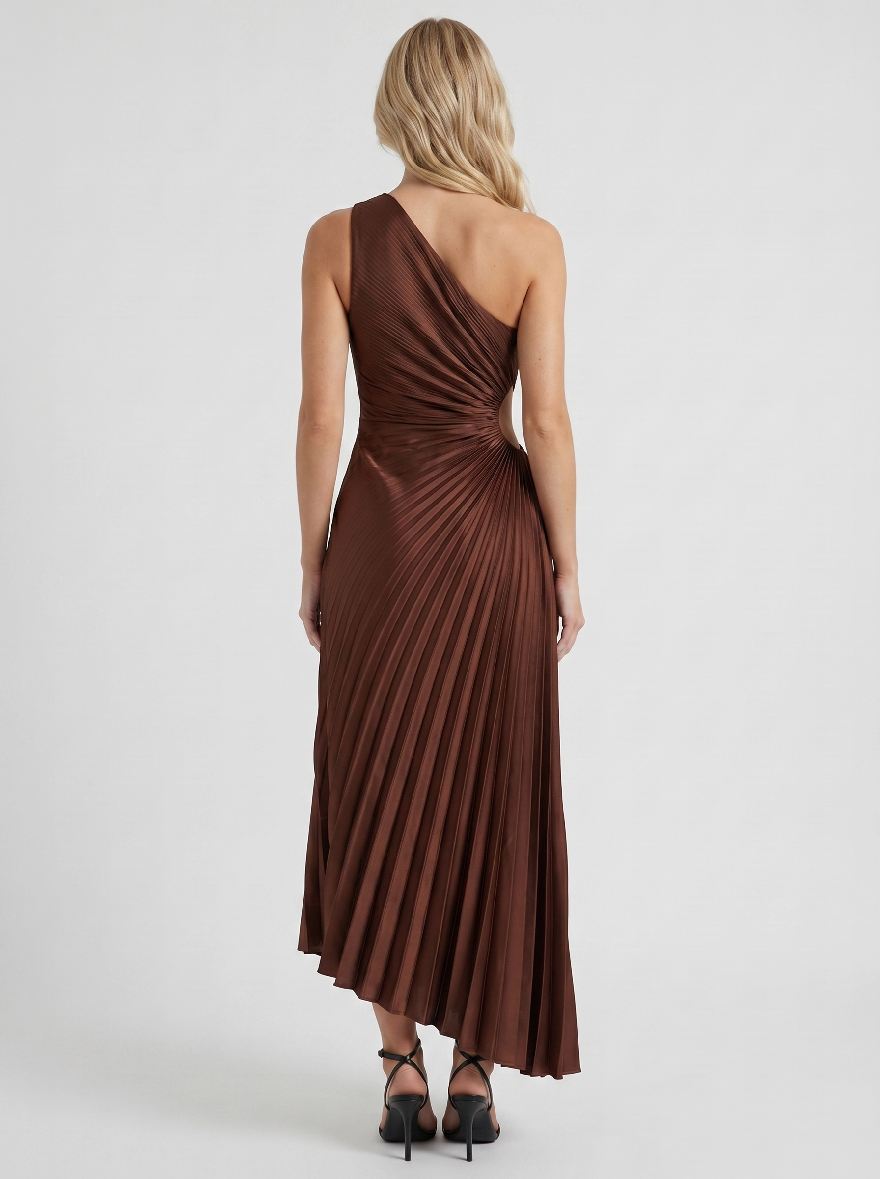 Women chocolate one shoulder pleated satin maxi dress, back view