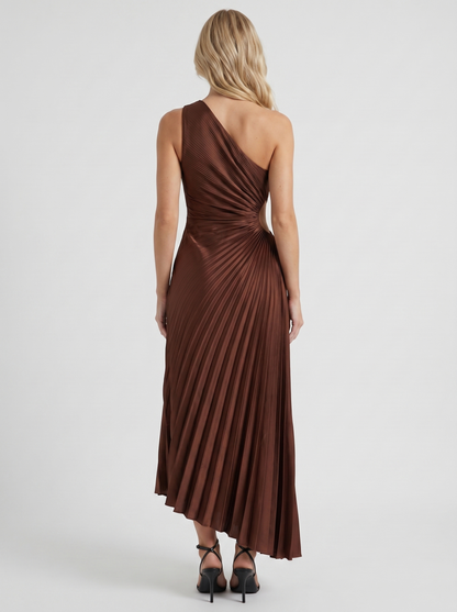 Women chocolate one shoulder pleated satin maxi dress, back view