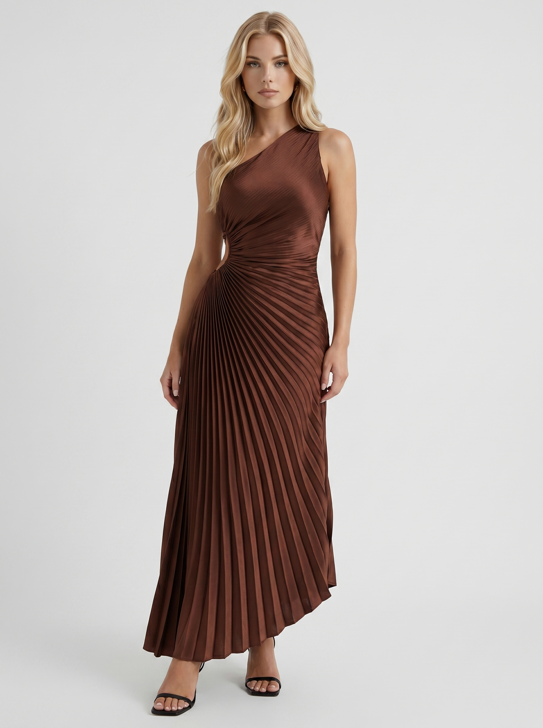 Women chocolate one shoulder pleated satin maxi dress, front view