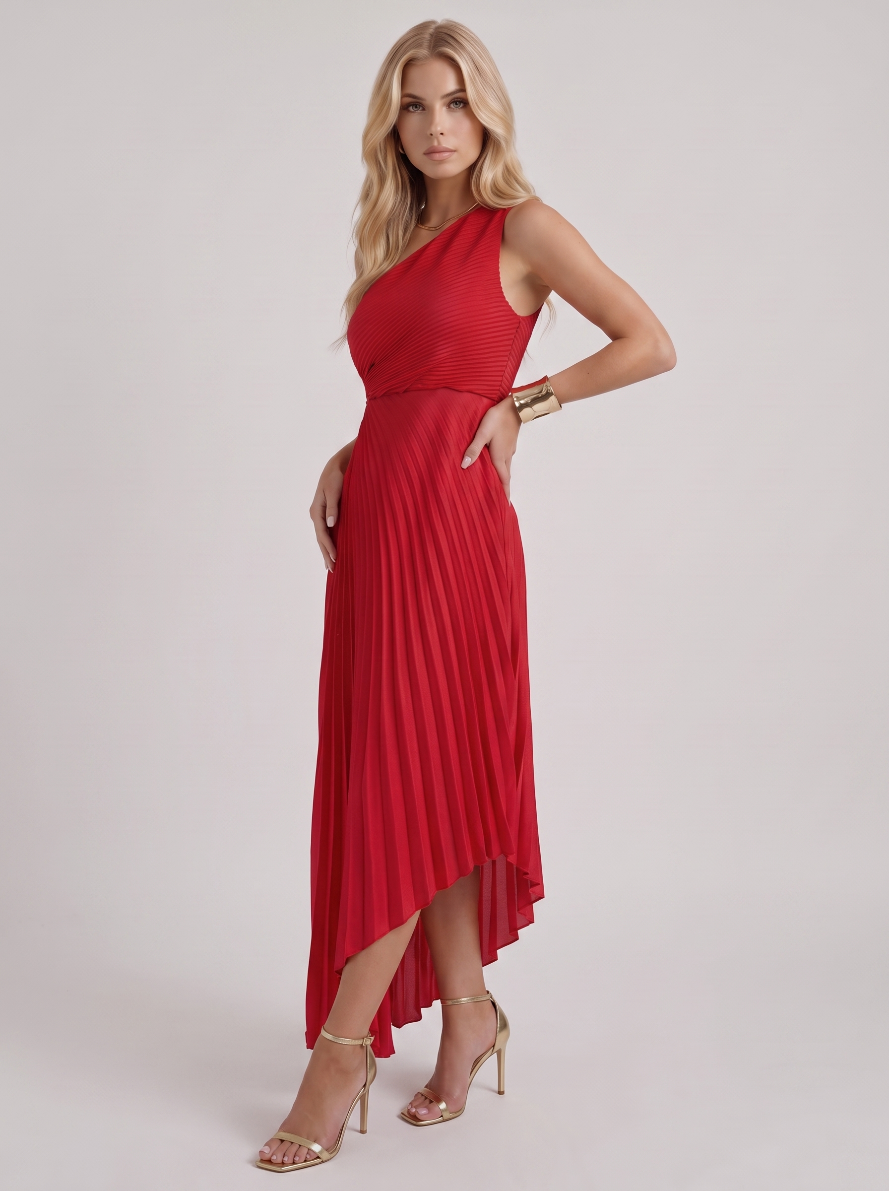 Women red one shoulder pleated satin maxi dress, 45 angle view