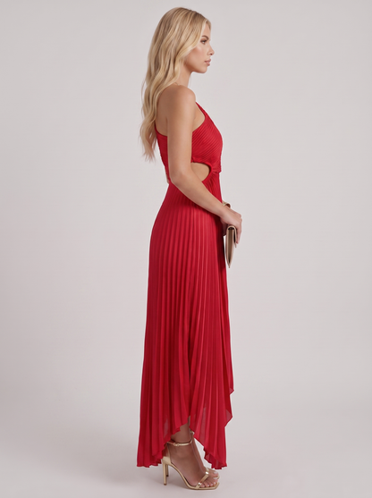 Women red one shoulder pleated satin maxi dress, side profile view