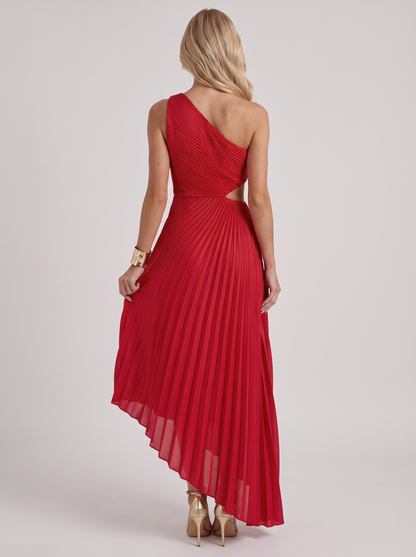 Women red one shoulder pleated satin maxi dress, back view