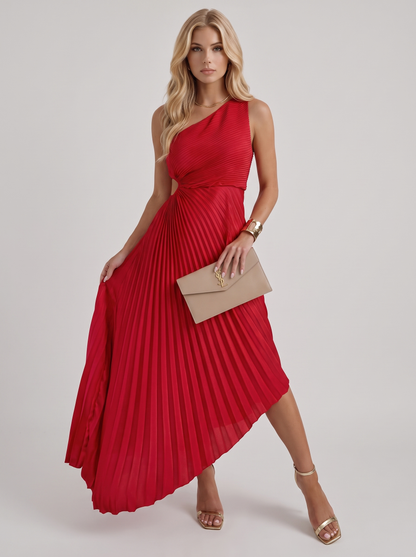 Women red one shoulder pleated satin maxi dress, front view